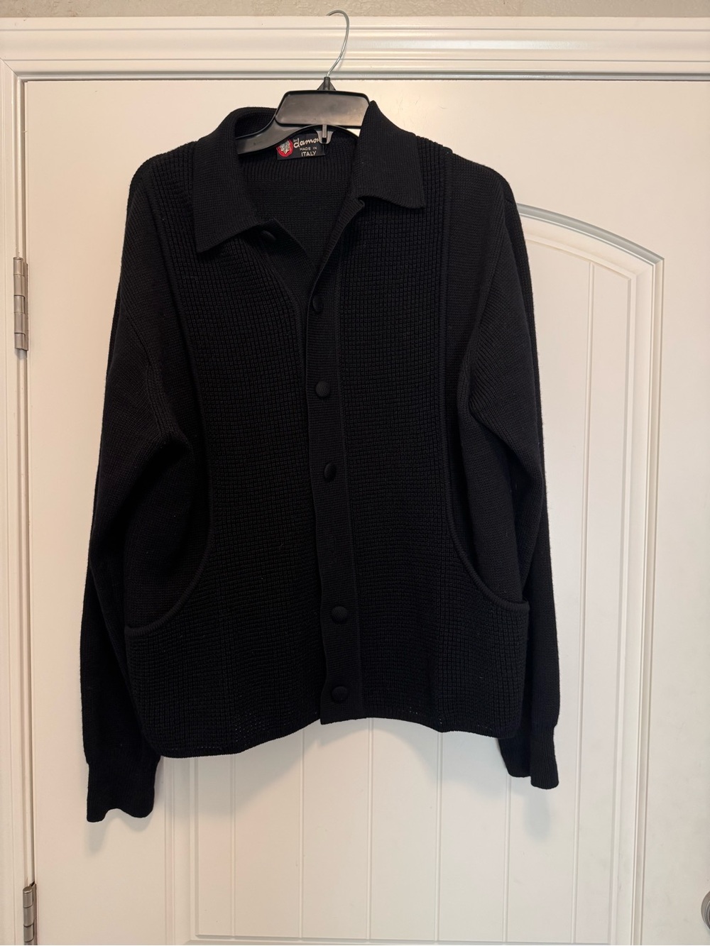 Vintage 60s 70s Damon Italian Wool Knit Button Cardigan Jacket Black Mens Medium